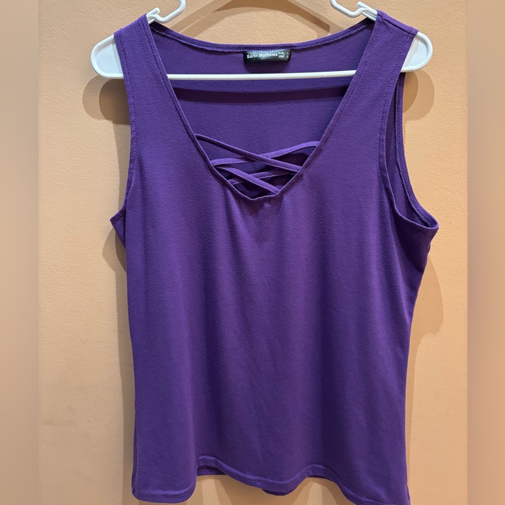 Sarin Mathew’s Purple Sleeveless Tank Top Criss Cross Neck Size Large